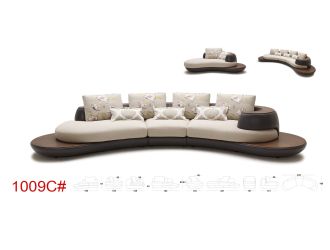 Beige and Brown Leather/Fabric Sectional Sofa w/ Chaise