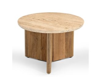 Modrest Pawnee - Modern Travertine Marble + Wood Round End Table