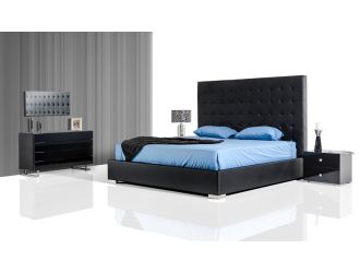 Queen Lyrica Black Eco-Leather Tall Headboard Bed