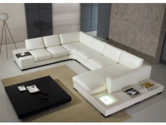 Half Leather T35 White Leather Sectional Sofa With Lights