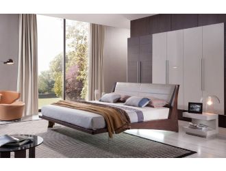 Volterra Contemporary Floating Bed w/ Grey Headboard And Lights