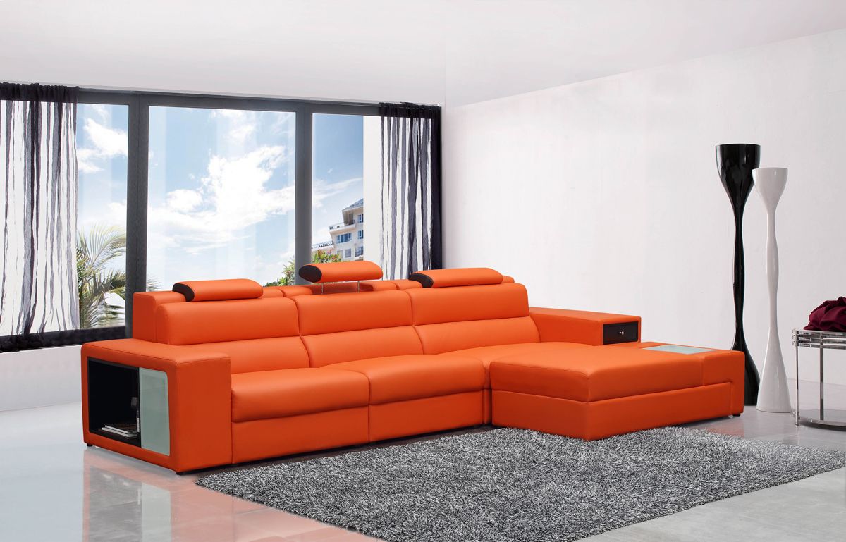 Divani Casa Polaris Mini Contemporary Orange Bonded Leather Right Facing Sectional Sofa