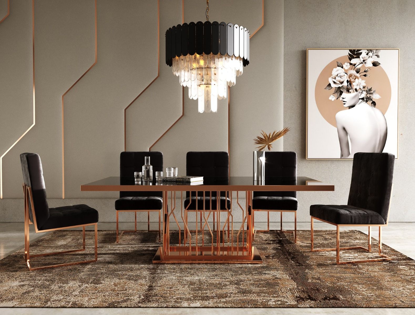 Black Glass & Rosegold Dining Table