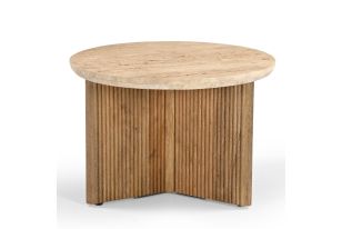 Modrest Pawnee - Modern Travertine Marble + Wood Round End Table