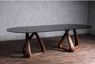 Modrest Christy - Mid-Century Modern Grey Glass + Walnut Oval Dining Table