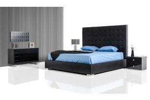 Queen Lyrica Black Eco-Leather Tall Headboard Bed