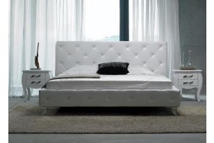 Eastern King Monte Carlo Modern White Leatherette Bed w/ Crystals